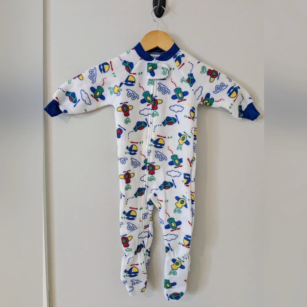 Vintage Carter's Airplane Cloud Helicopter Print 80s Fleece Pajamas Size 18M